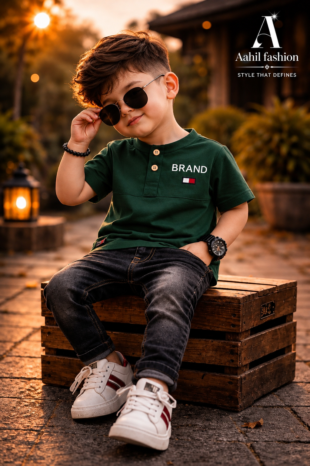 Kids Band Collar T-Shirts Bottle Green